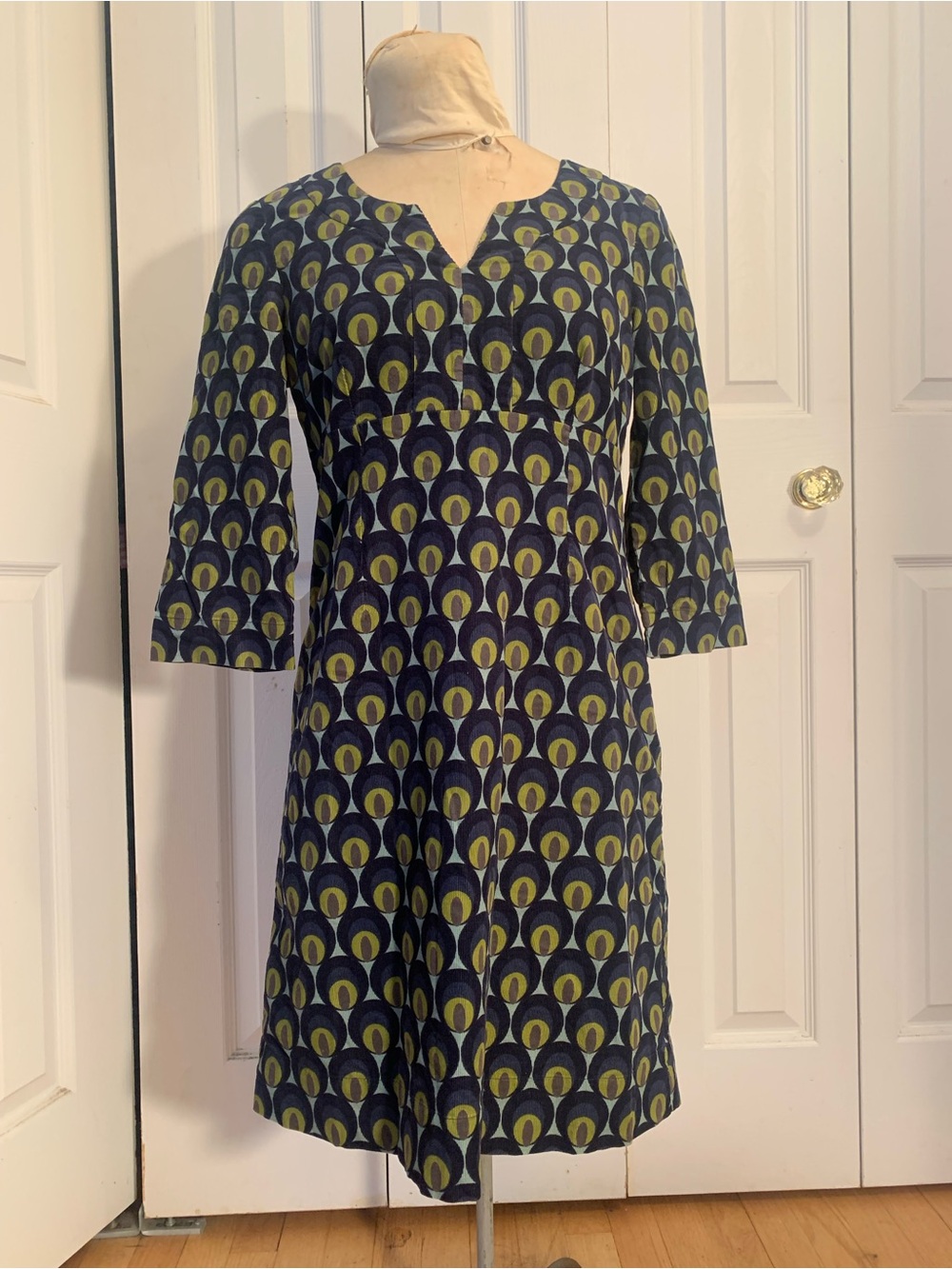 Boden Navy and Olive Geometric Midi Dress with Three-Quarter Sleeves